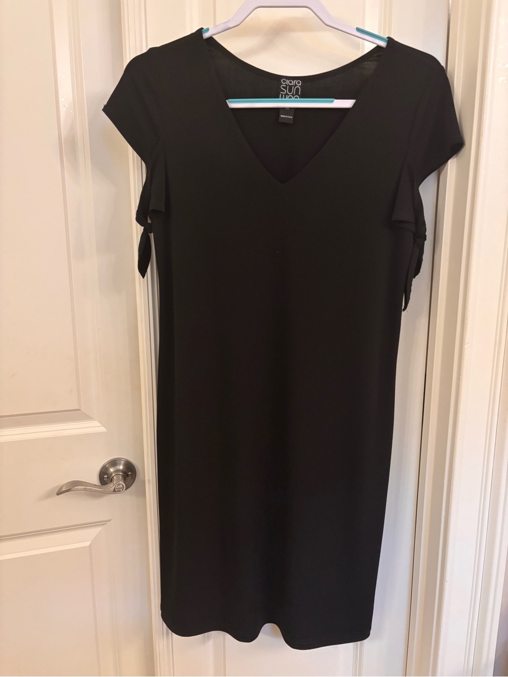Clara Sun Woo Black V-Neck Mini Dress with Flutter Cap Sleeves